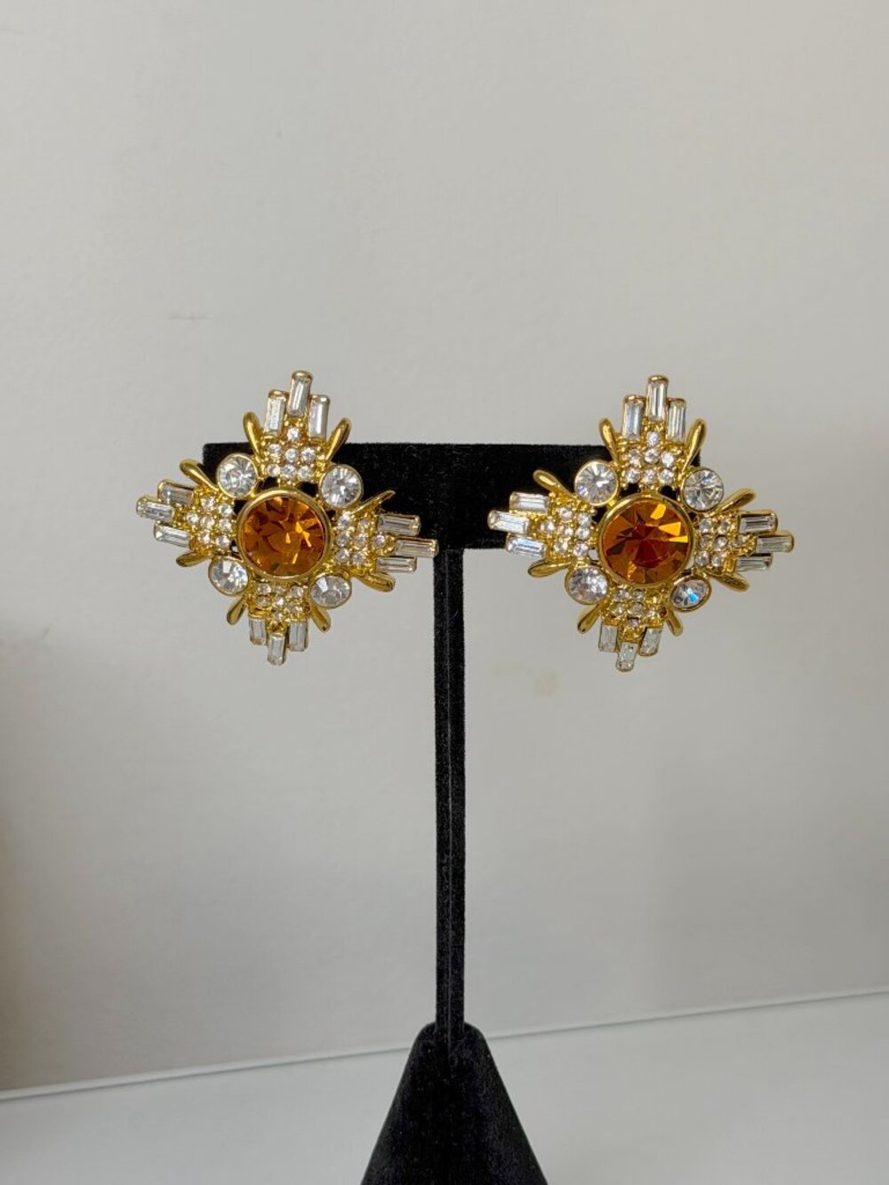 Starburst Vintage Gold Clip-On Earrings Amber & Crystal Statement Jewelry